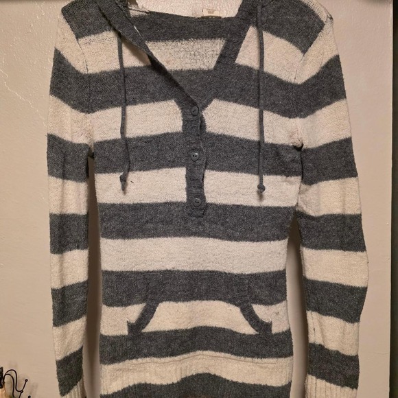 Love Rocks Tops - Love Rocks Womens Striped Knit Hoodie Grey White Henley Pocket Sweater Large